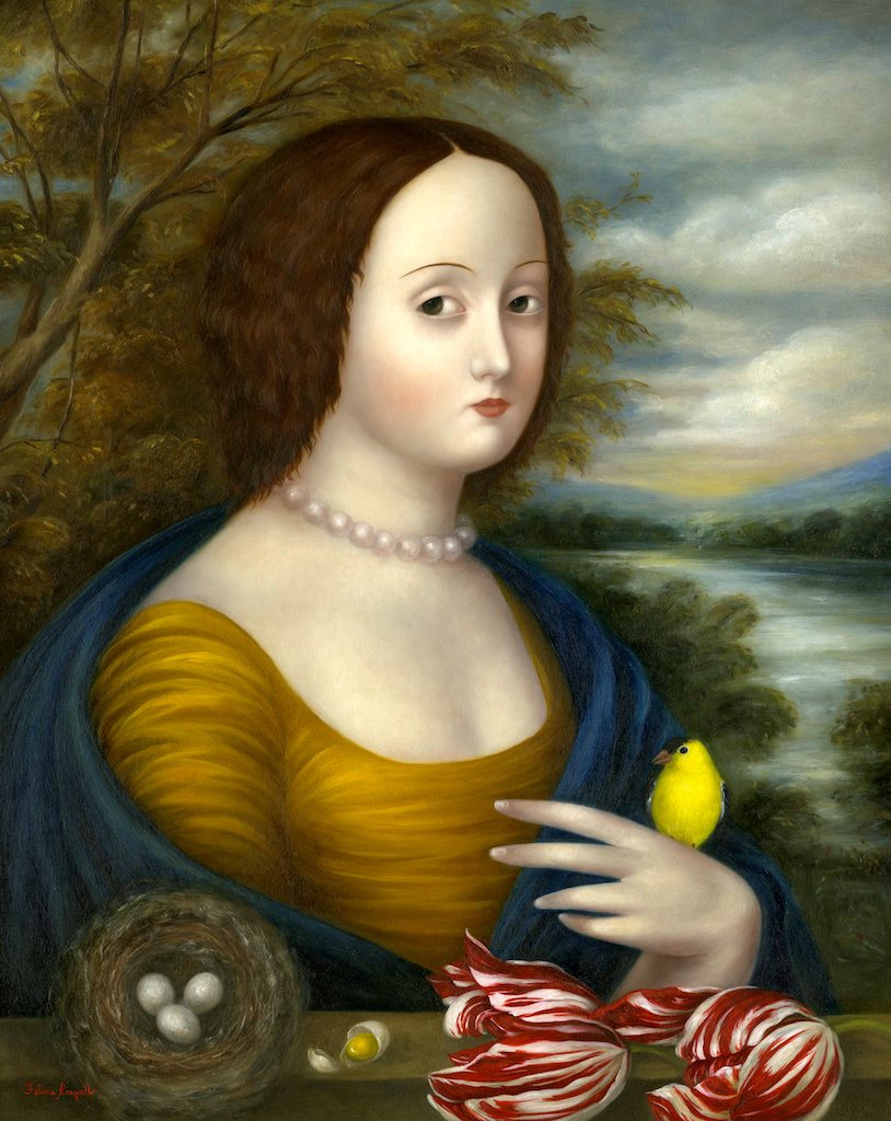 Lady with Finch, Nest and Tulips ●