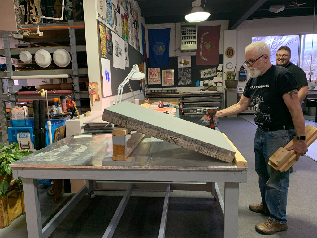 Master printer Steve Campbell and Joshua Orsburn preparing my workspace